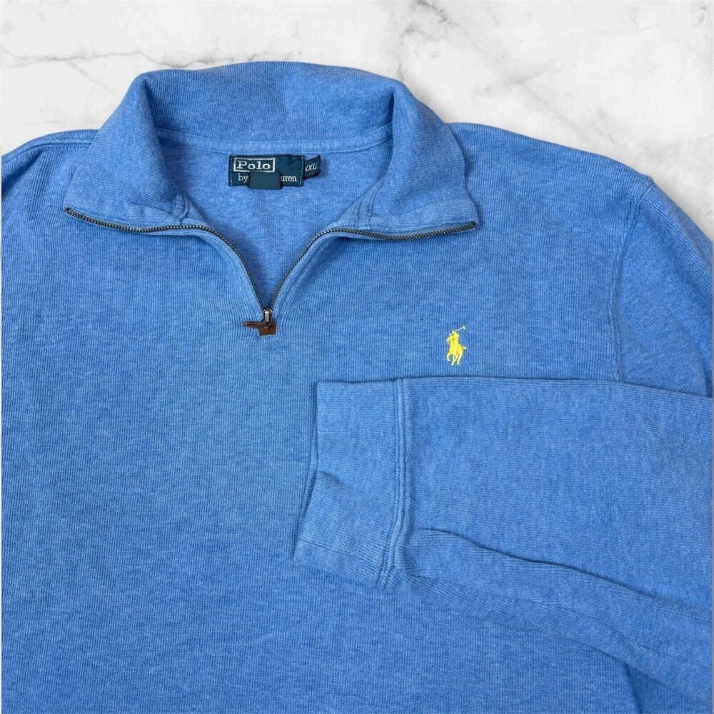 Polo Ralph Lauren Light Blue Quarter Zip Mens 2XL Yellow Pony Pullover Sweater